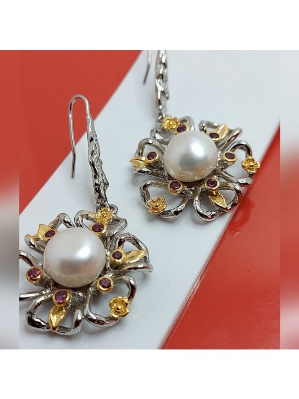 Natural Pink Rhodolite Garnet & Cultured Pearl 925‎ Sterling Silver Earrings